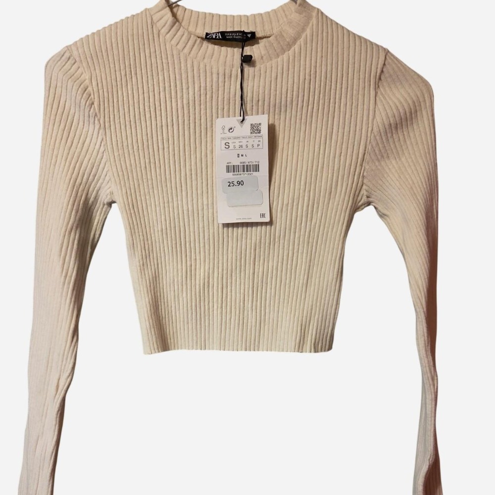 Zara Cream Ribbed Knit Long Sleeve Crop Women's Size Small NWT